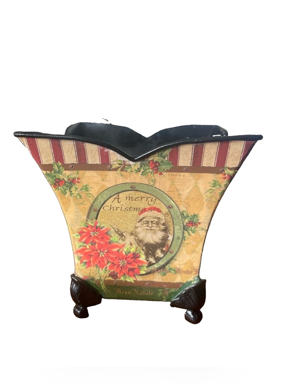 Christmas Metal Planter Cachepot Set 2 Santa Holly Poinsettia Vintage Style - Picture 6 of 8